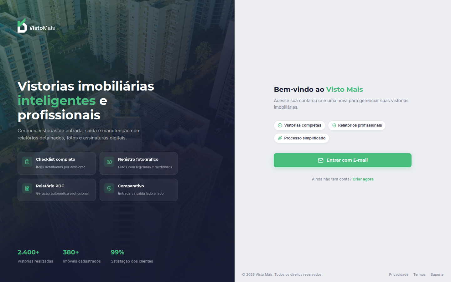 Tela de entrada da Visto Mais